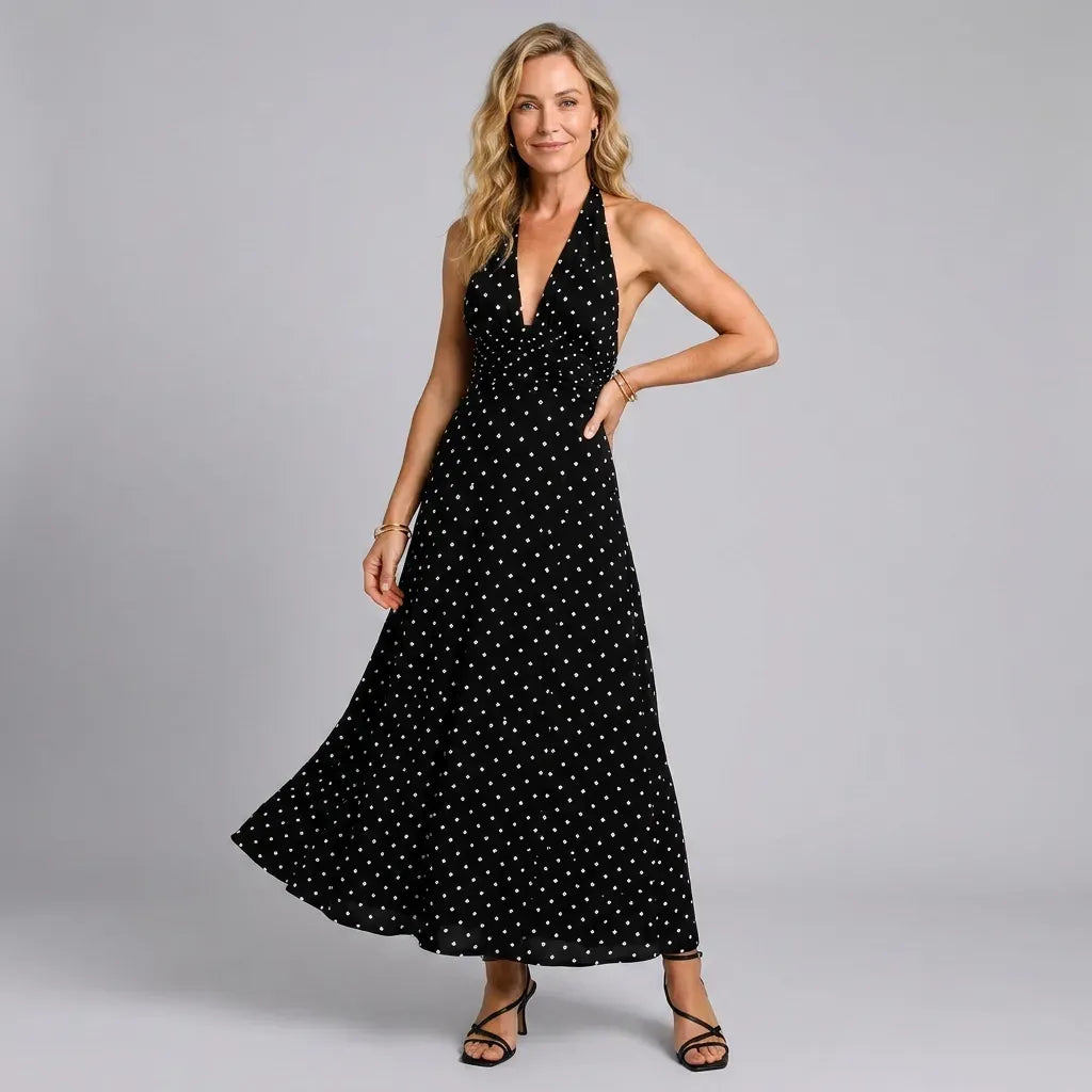 Halter Polka Dot Summer Maxi Dress Black 4