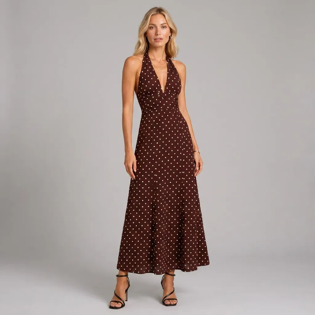 Halter Polka Dot Summer Maxi Dress Brown 5