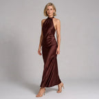 Halter Velvet Maxi Dress Formal High Neck Brown 2