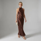 Halter Velvet Maxi Dress Formal High Neck Brown 4