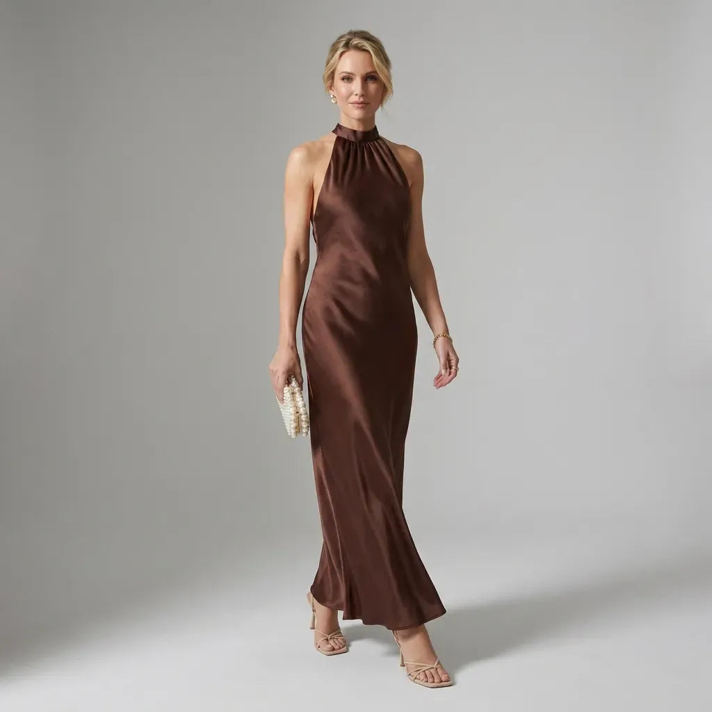 Halter Velvet Maxi Dress Formal High Neck Brown 4