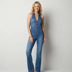 Halter Zip Up Denim Jumpsuit Blue 2