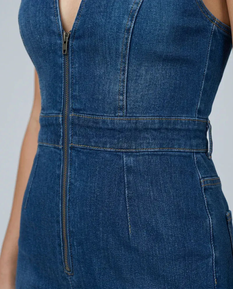 Halter Zip Up Denim Jumpsuit Blue 4