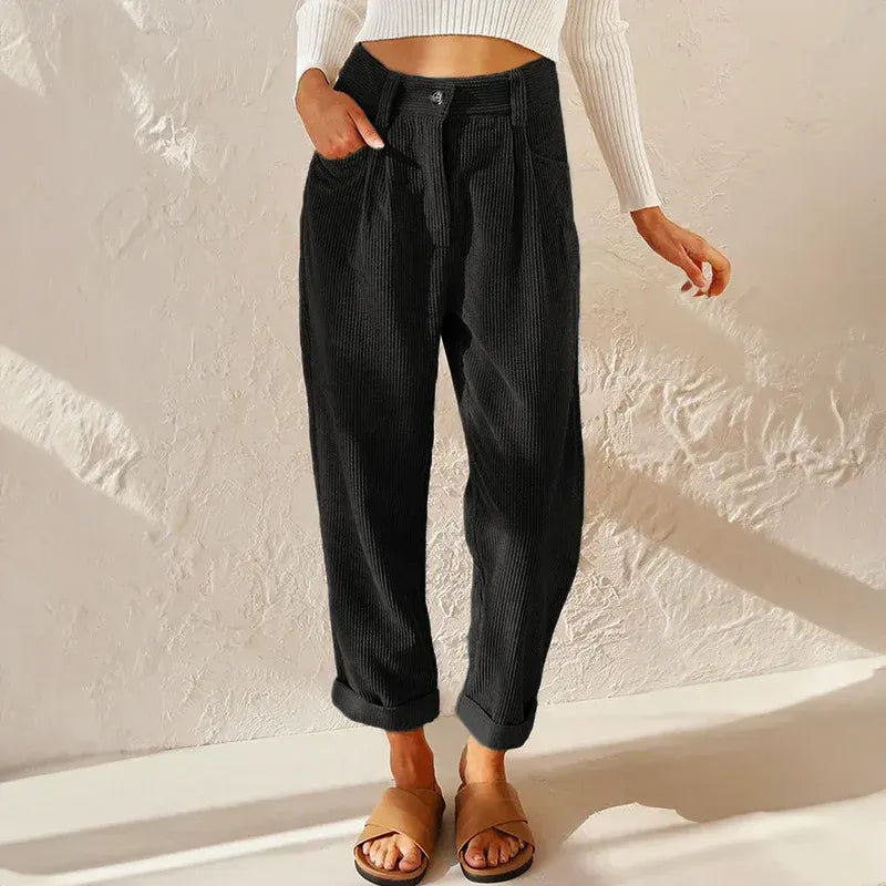 High Waisted Corduroy Baggy Jeans Ankle Length Black 2