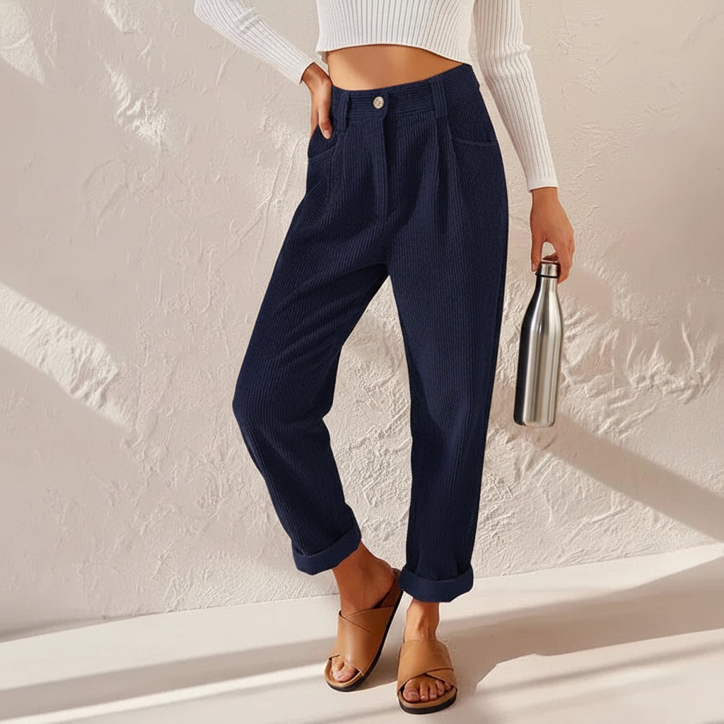 High Waisted Corduroy Baggy Jeans Ankle Length Blue 3
