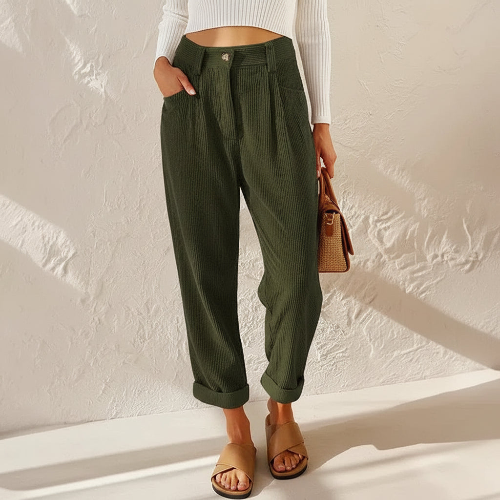 High Waisted Corduroy Baggy Jeans Ankle Length Green 4