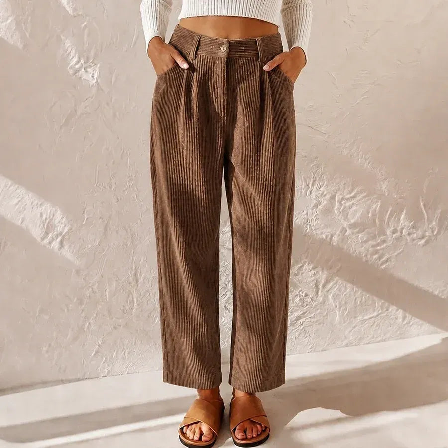 High Waisted Corduroy Baggy Jeans Ankle Length Brown 5