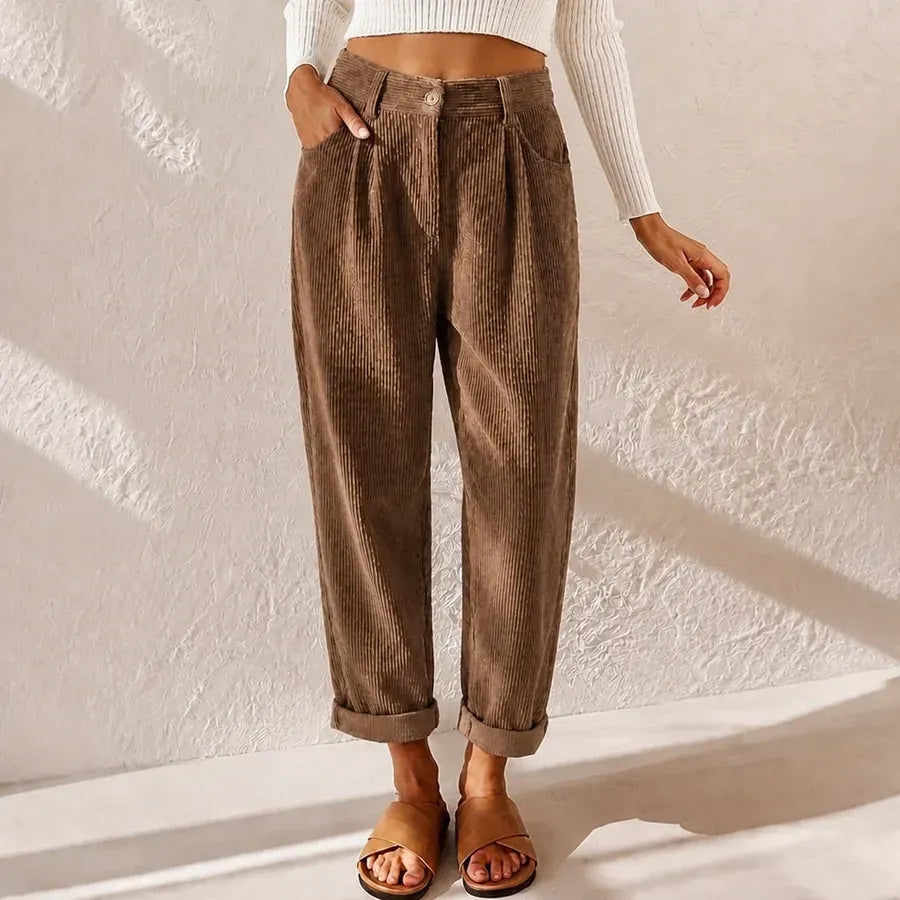 High Waisted Corduroy Baggy Jeans Ankle Length Brown 6