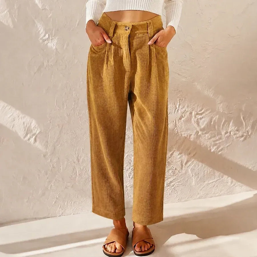 High Waisted Corduroy Baggy Jeans Ankle Length Khaki 7