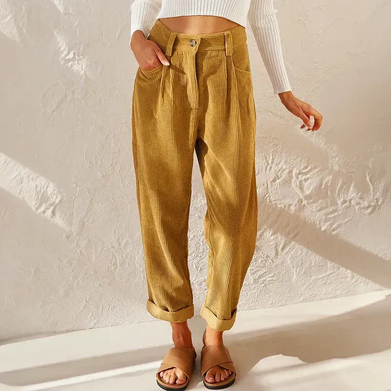 High Waisted Corduroy Baggy Jeans Ankle Length Khaki 9