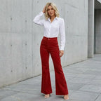 High Waisted Corduroy Flare Jeans with Pockets Red 1
