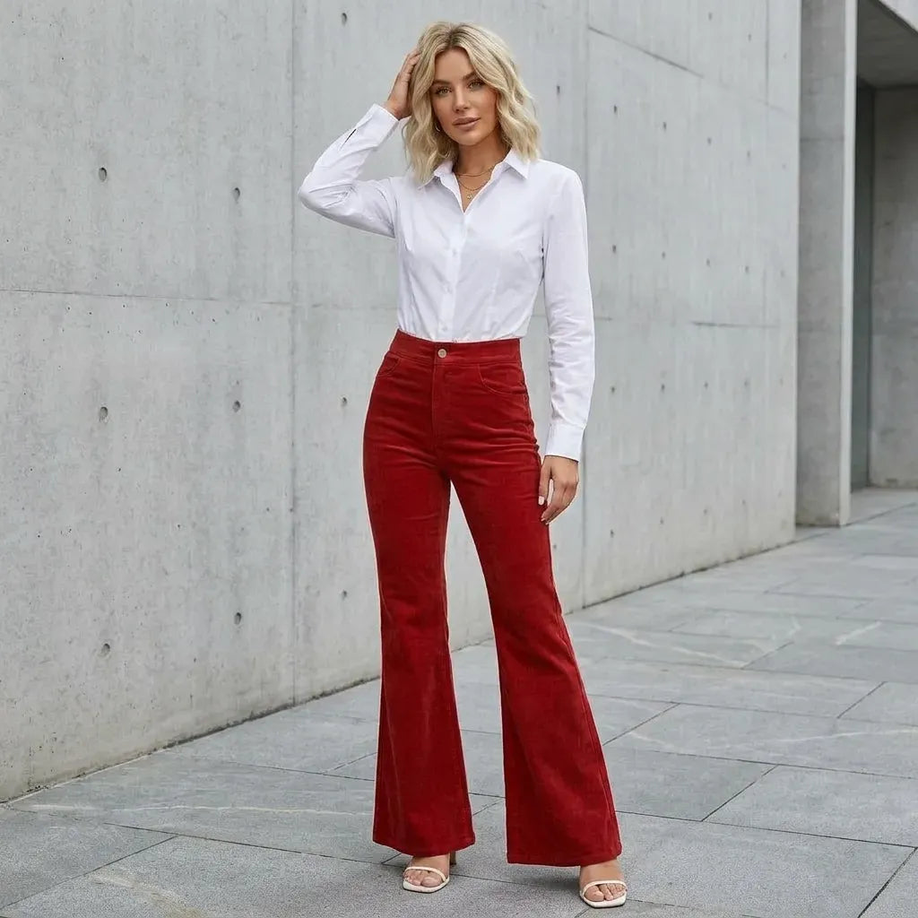 High Waisted Corduroy Flare Jeans with Pockets Red 1