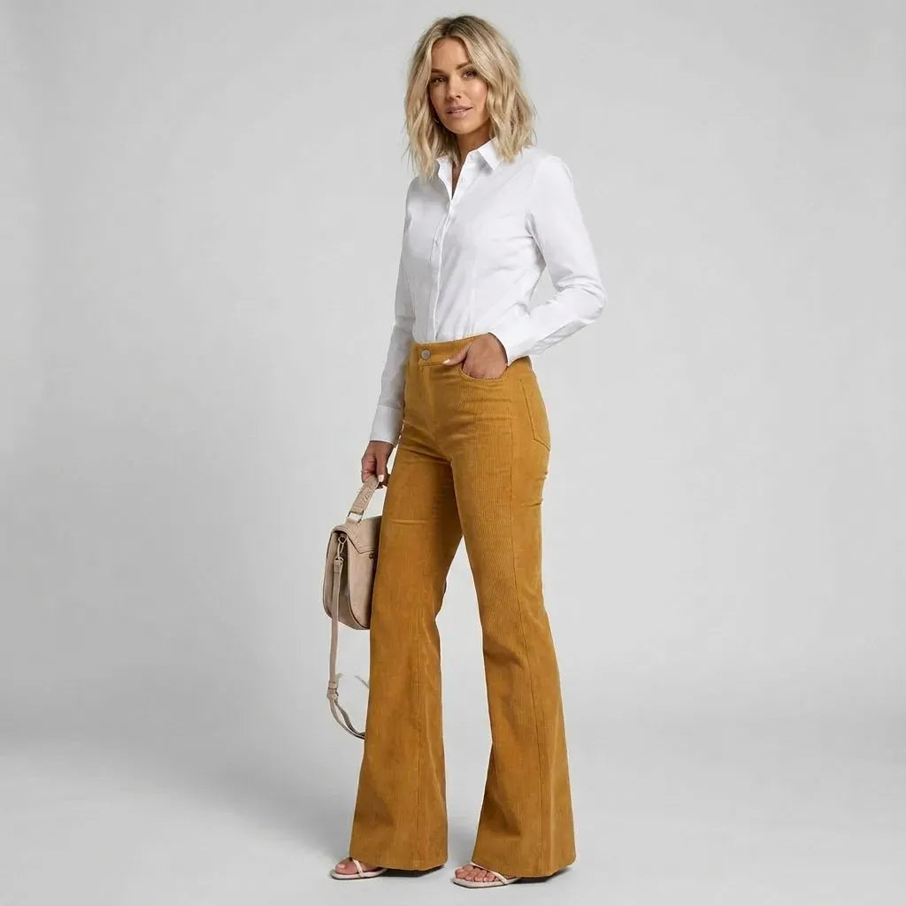 High Waisted Corduroy Flare Jeans with Pockets Yellow 3