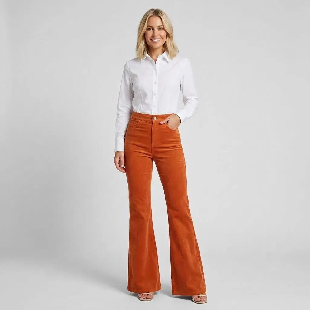 High Waisted Corduroy Flare Jeans with Pockets Orange 5