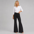 High Waisted Corduroy Flare Jeans with Pockets Black 6