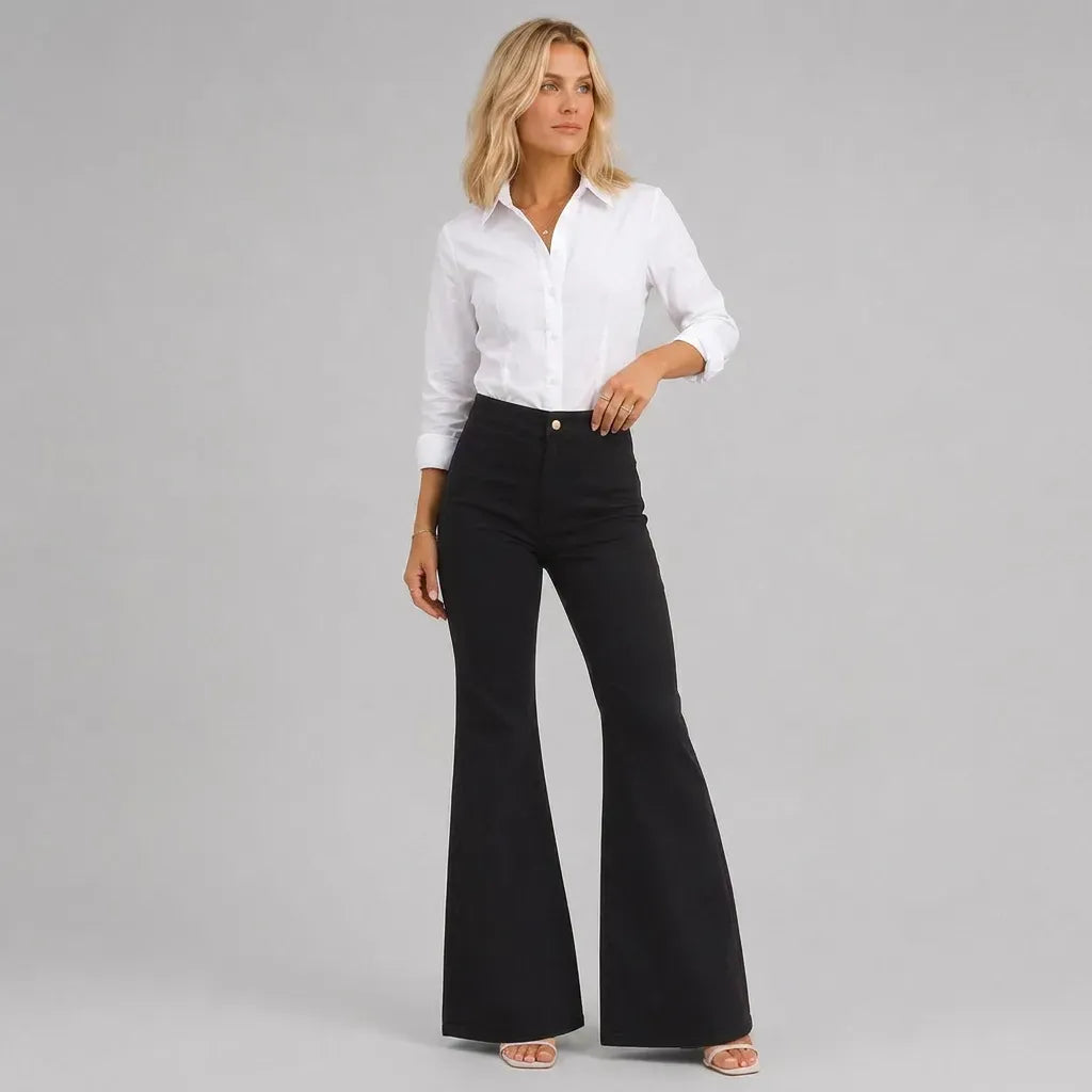 High Waisted Corduroy Flare Jeans with Pockets Black 6
