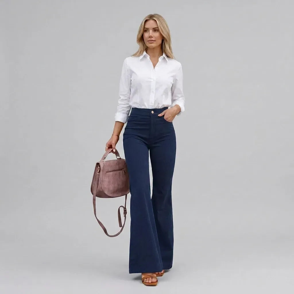 High Waisted Corduroy Flare Jeans with Pockets Dark Blue 7