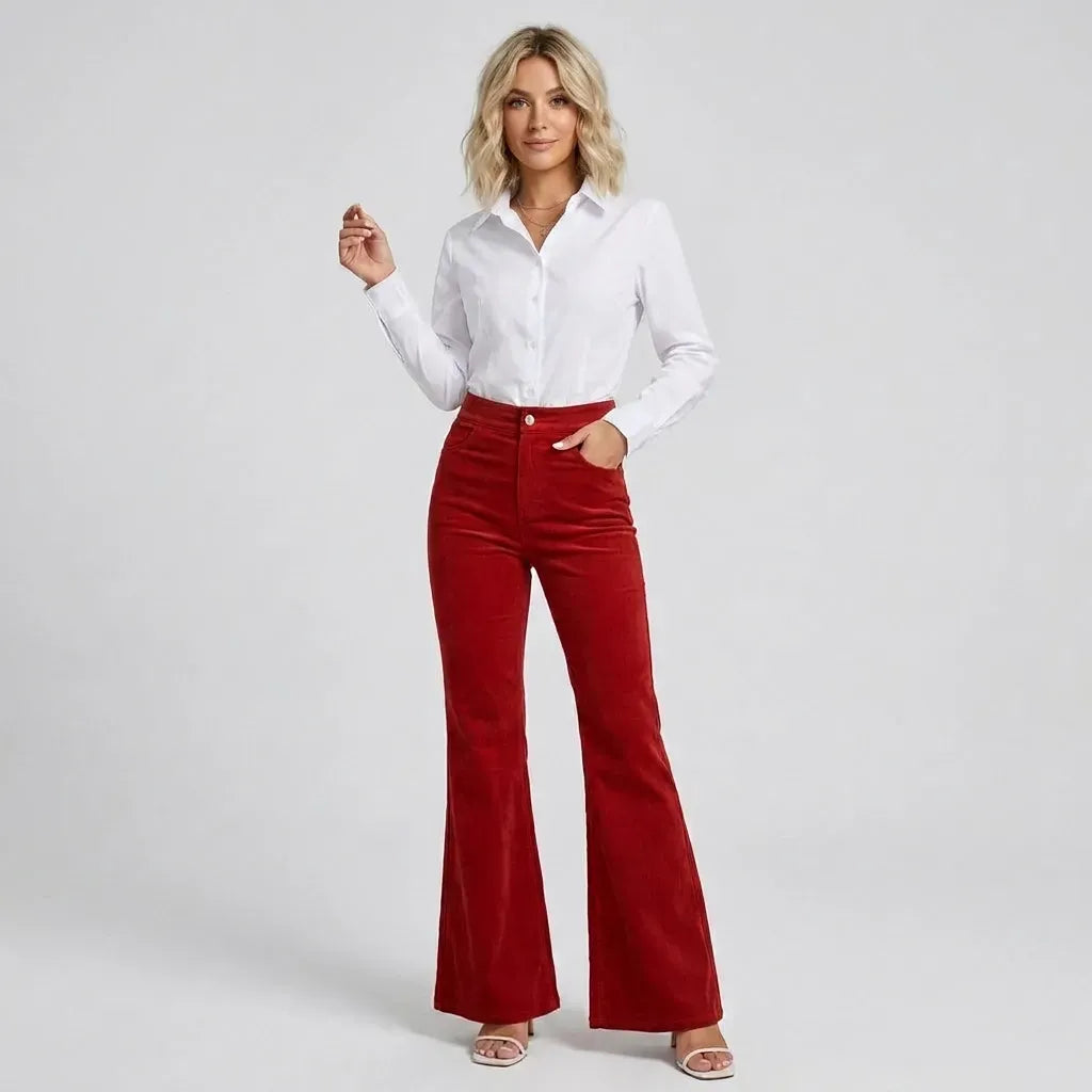 High Waisted Corduroy Flare Jeans with Pockets Red 8