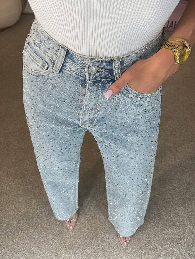 High Waisted Denim Baggy Jeans with Pockets Light Blue 1