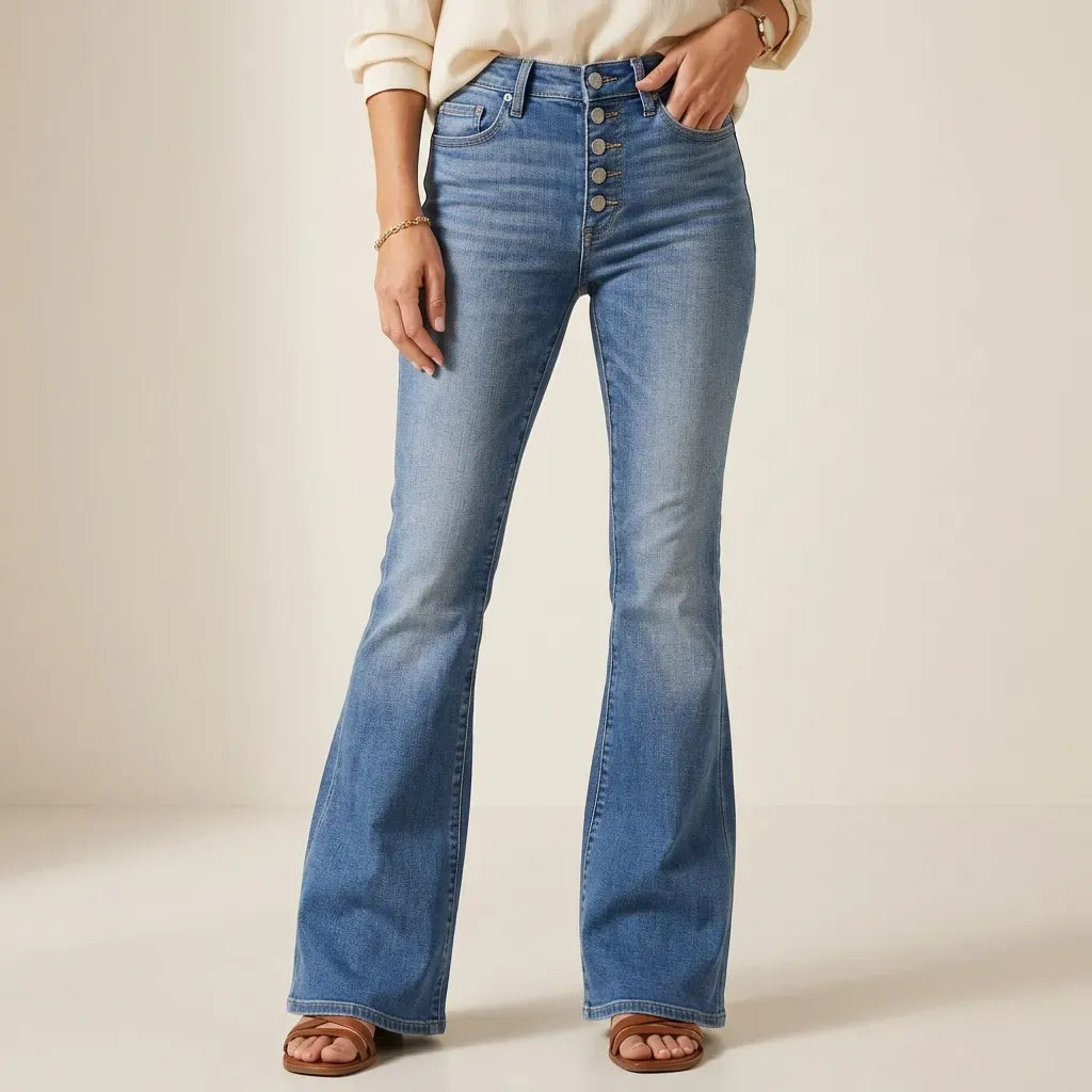 High Waisted Flare Jeans with Button Fly Blue 4
