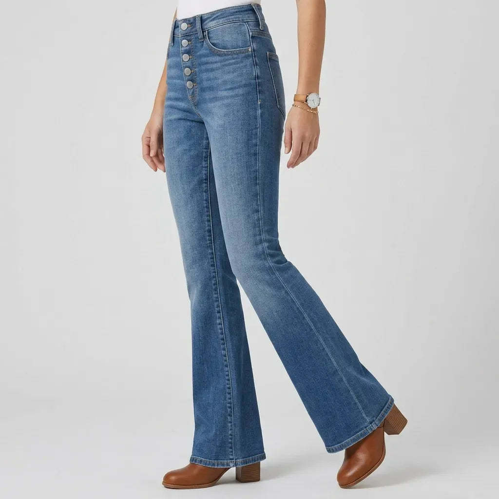 High Waisted Flare Jeans with Button Fly Blue 5