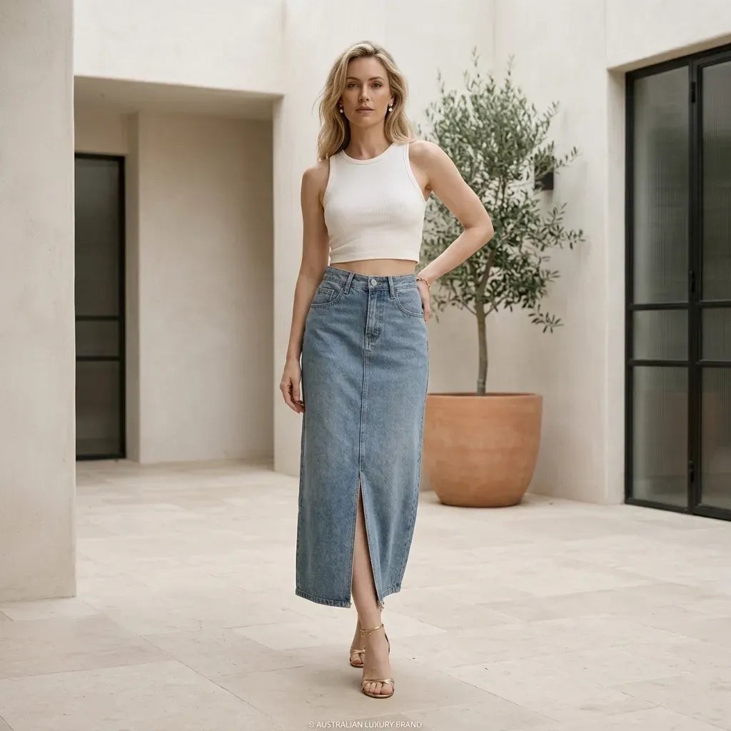 High Waisted Midi Denim Skirt with Slit Light Blue 1