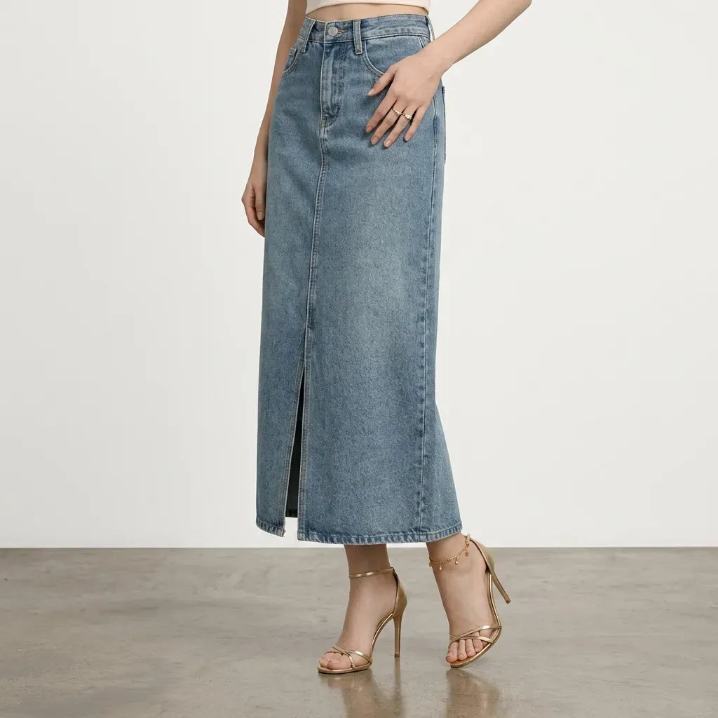 High Waisted Midi Denim Skirt with Slit Light Blue 3