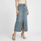 High Waisted Midi Denim Skirt with Slit Light Blue 4