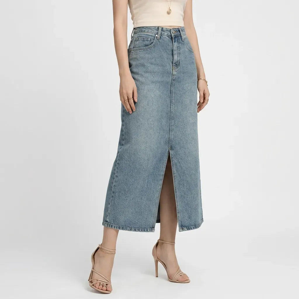 High Waisted Midi Denim Skirt with Slit Light Blue 4