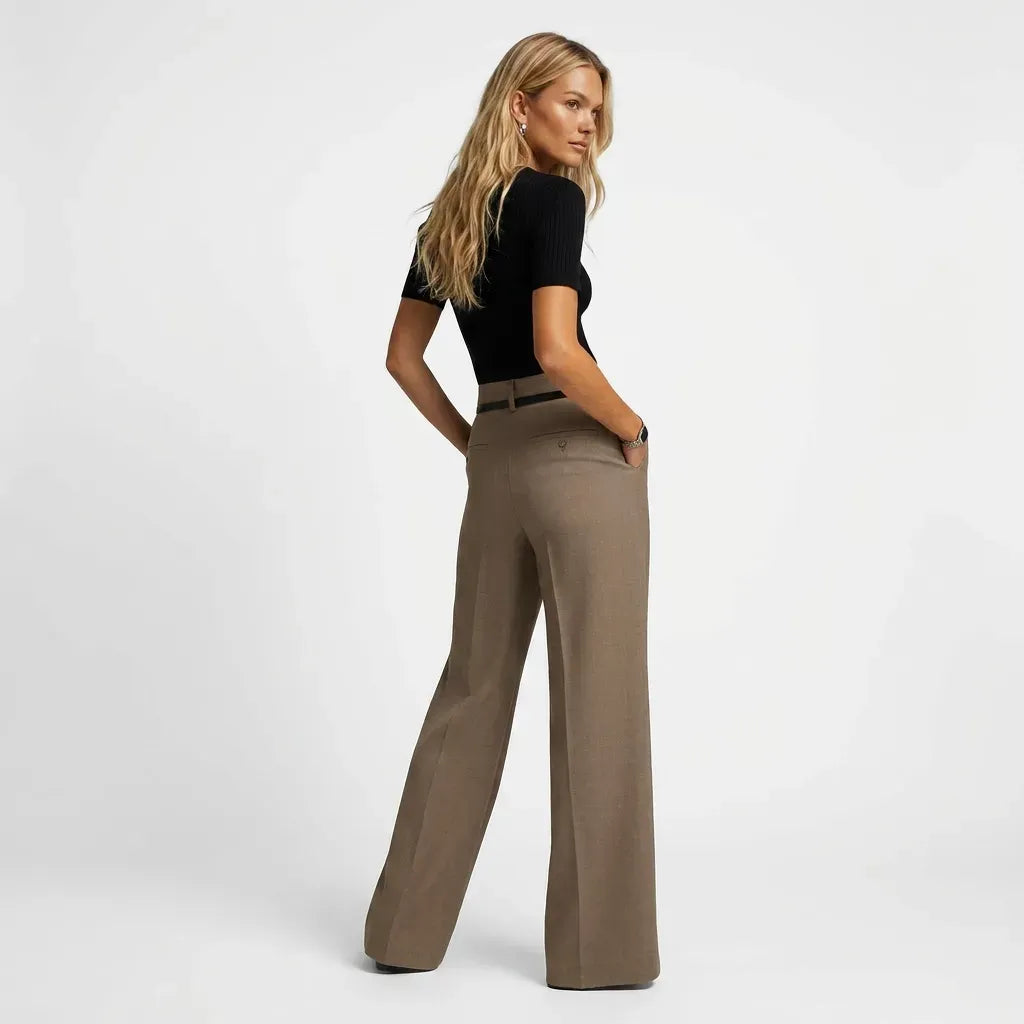 High Waisted Pants with Wide Leg and Pockets Khaki 1