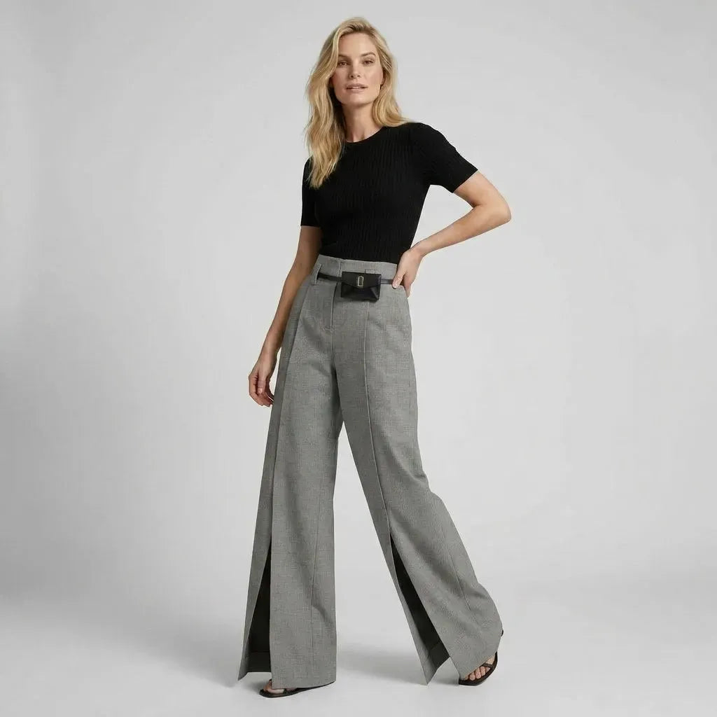 High Waisted Pants with Wide Leg and Pockets Grey 3