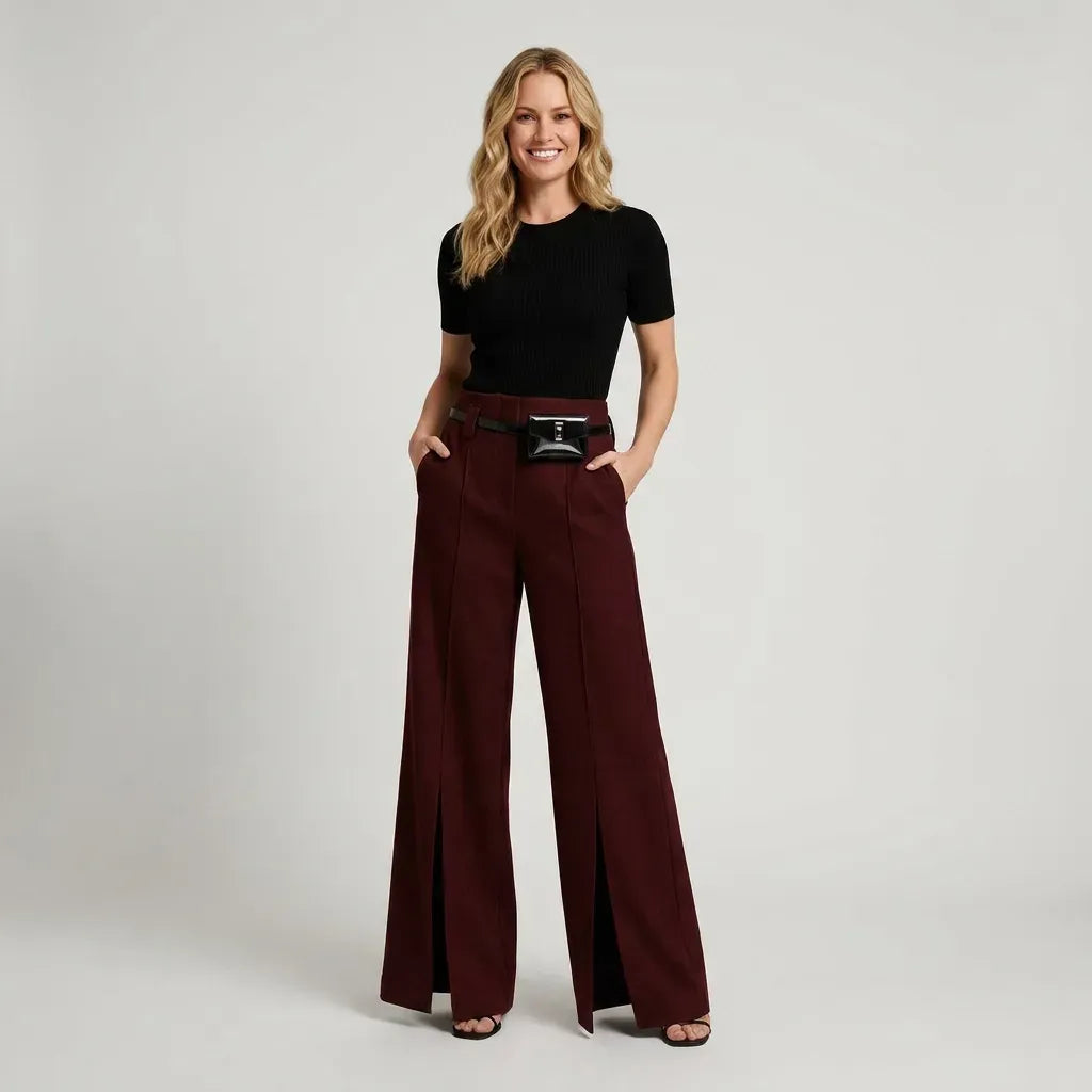 High Waisted Pants with Wide Leg and Pockets Bordeaux 5