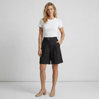 High Waisted Pleated Linen Bermuda Shorts Black 10