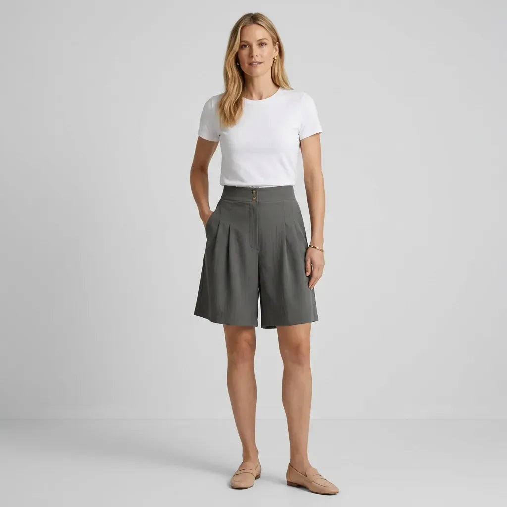 High Waisted Pleated Linen Bermuda Shorts Dark Grey 11