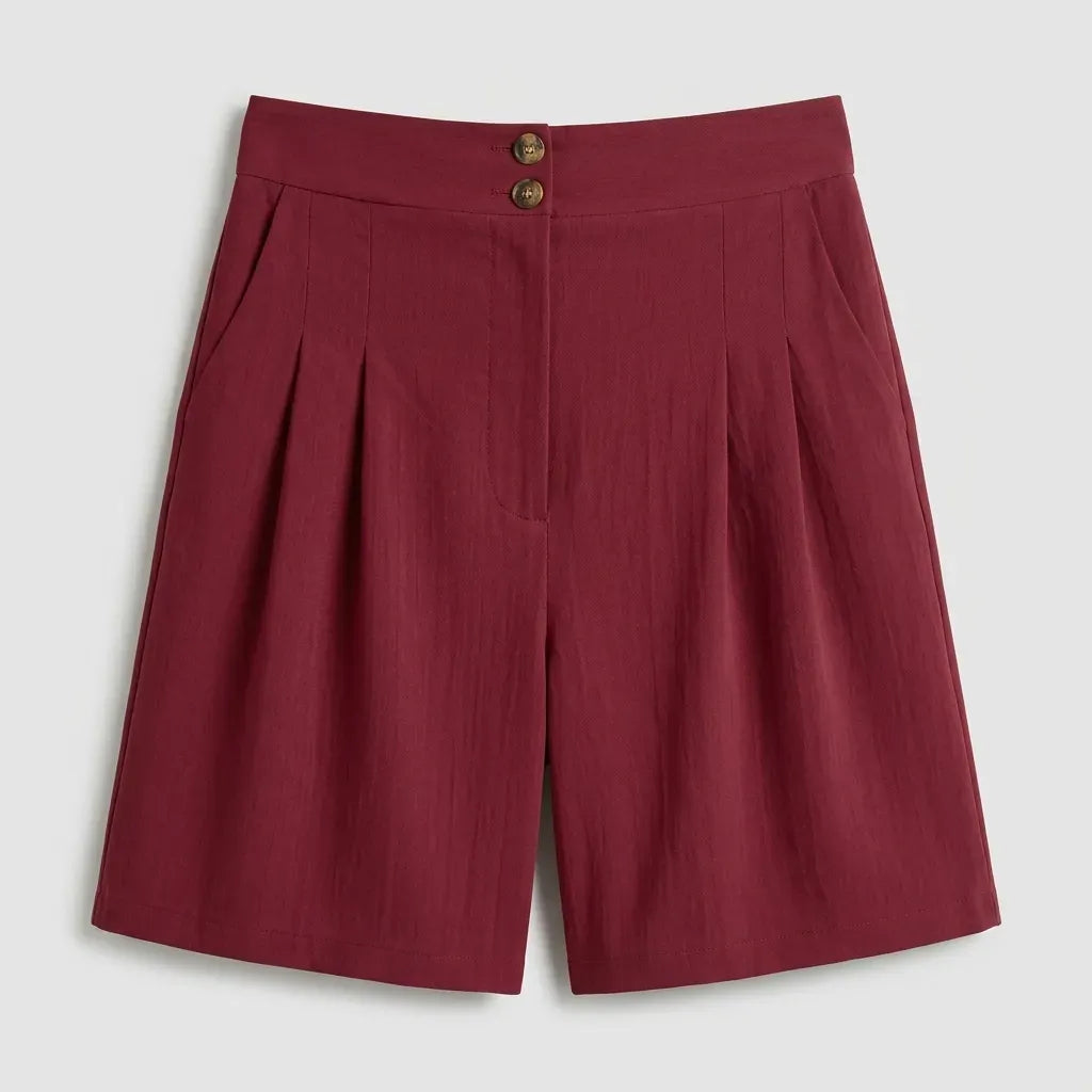 High Waisted Pleated Linen Bermuda Shorts Dark Red 3