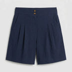 High Waisted Pleated Linen Bermuda Shorts Dark Blue 4