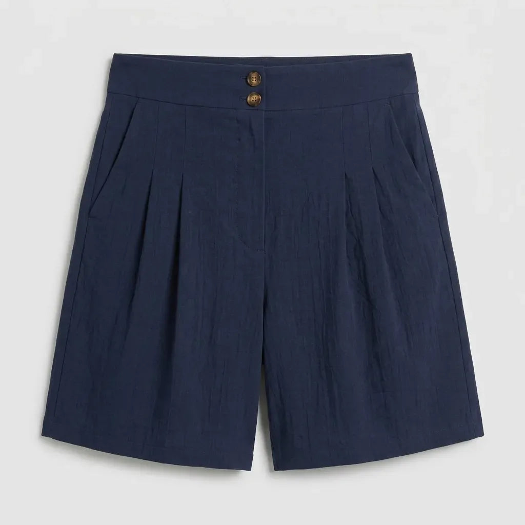 High Waisted Pleated Linen Bermuda Shorts Dark Blue 4