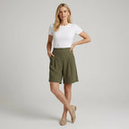 High Waisted Pleated Linen Bermuda Shorts Dark Green 5