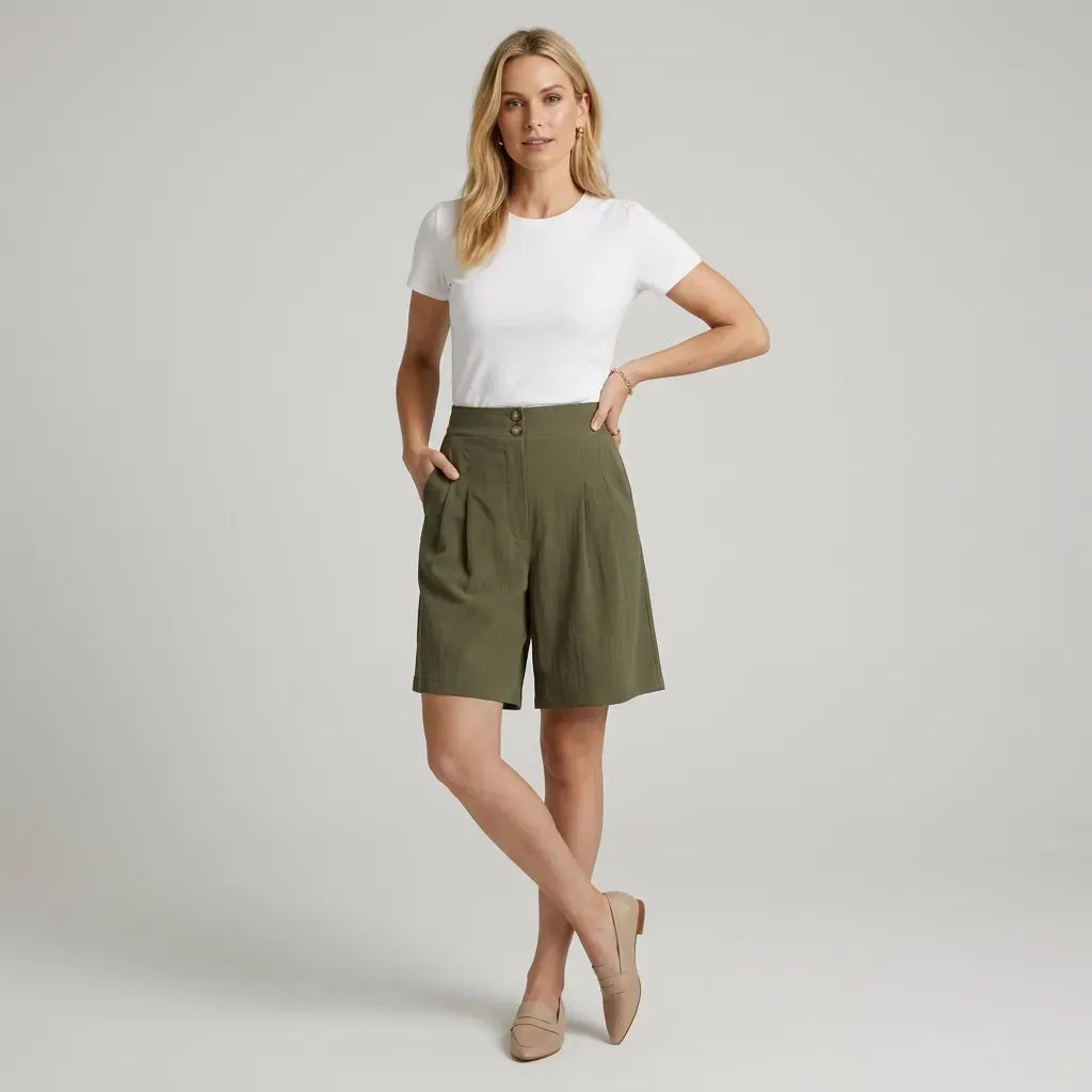 High Waisted Pleated Linen Bermuda Shorts Dark Green 5