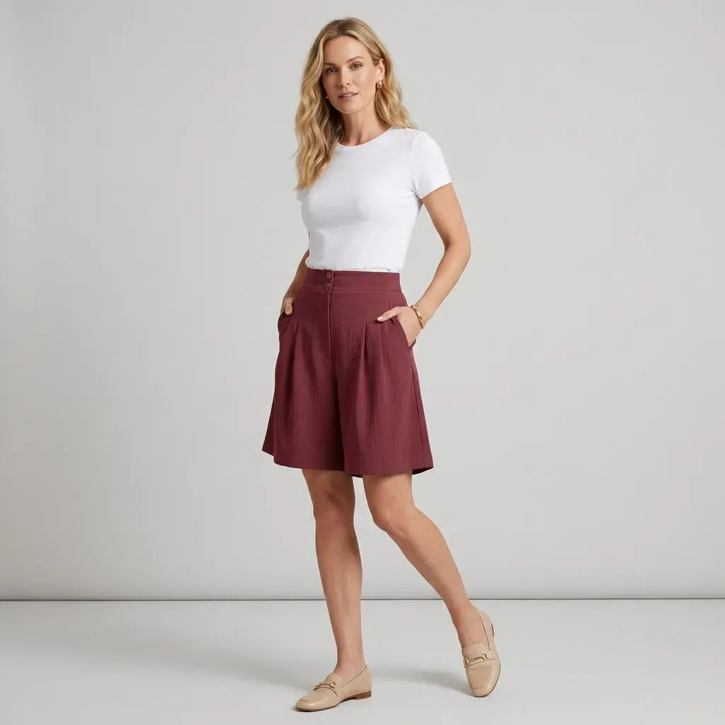 High Waisted Pleated Linen Bermuda Shorts Dark Red 7
