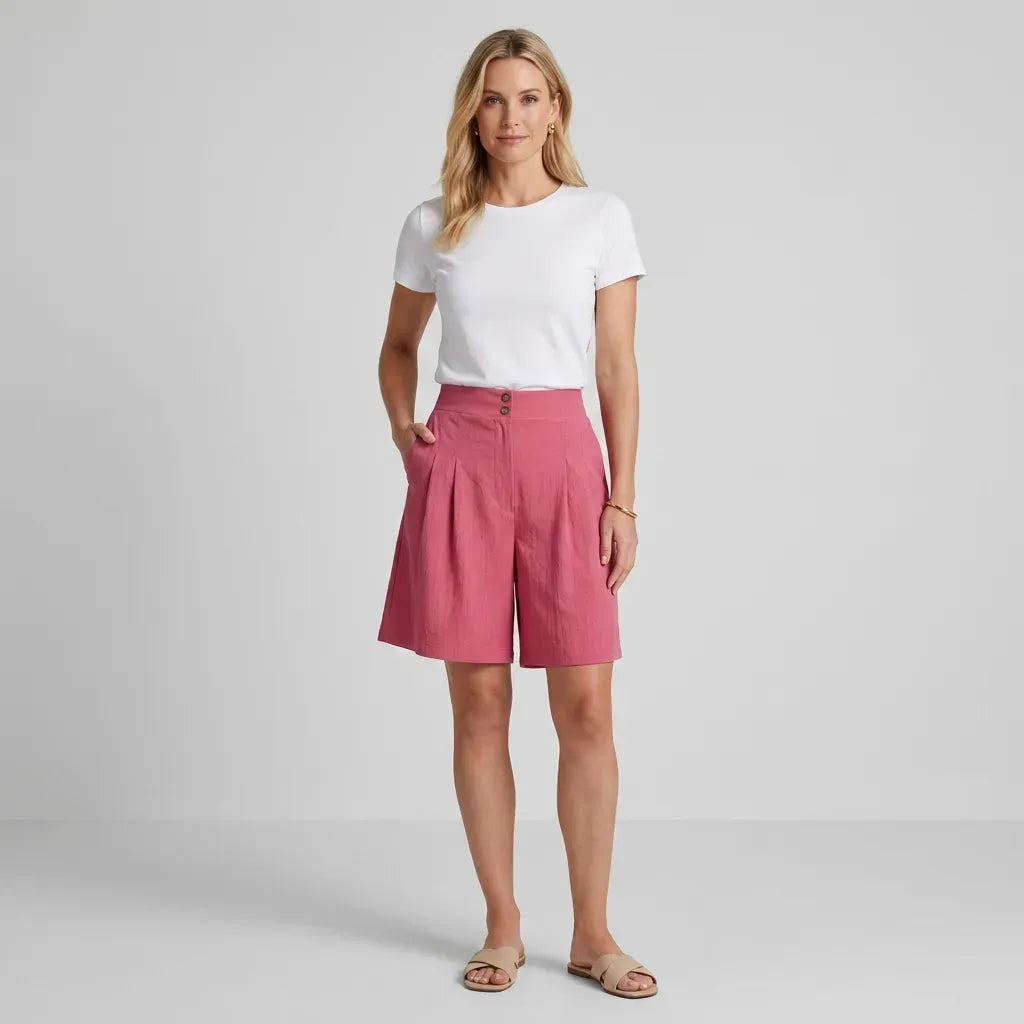 High Waisted Pleated Linen Bermuda Shorts Pink 8