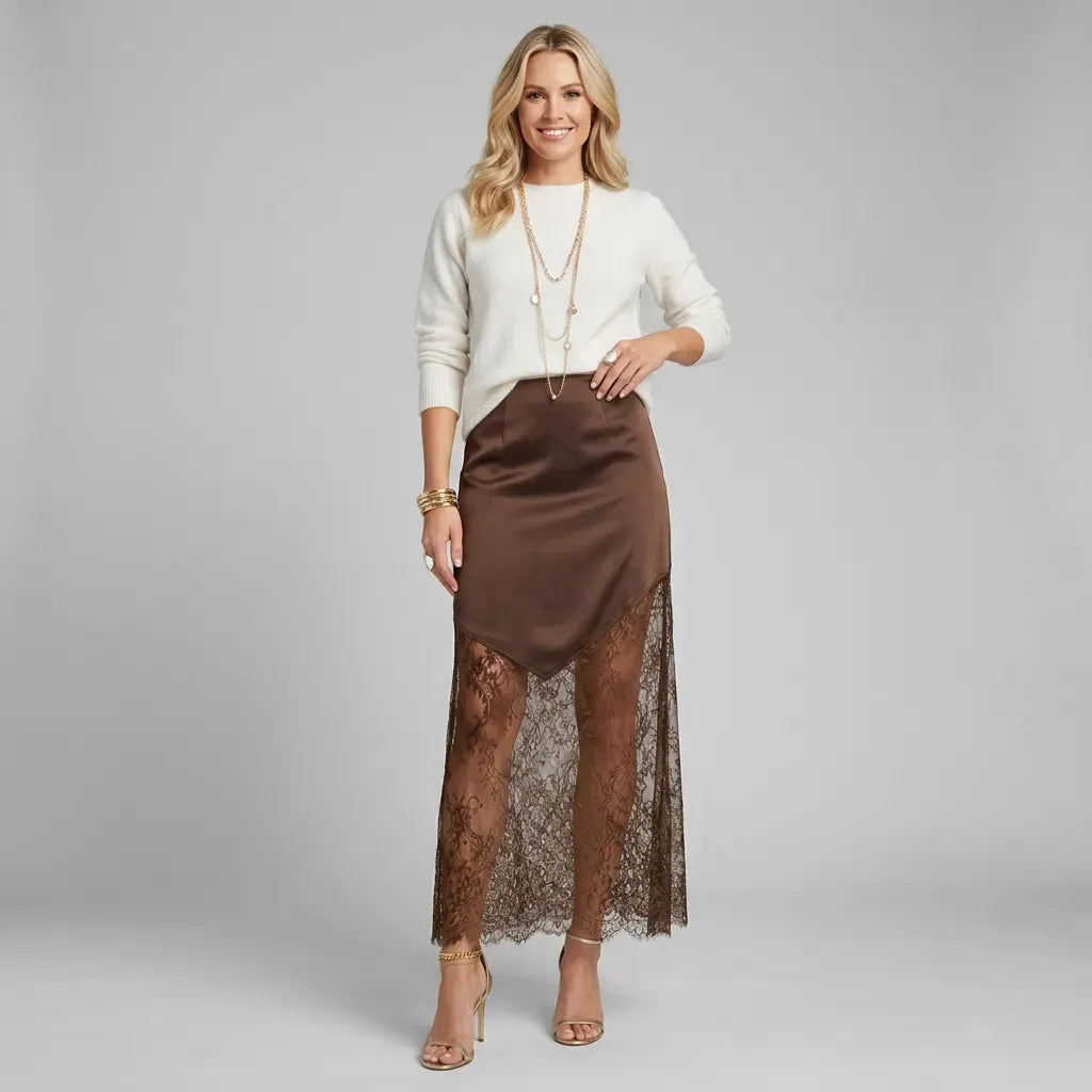 High Waisted Satin Maxi Skirt Brown 1