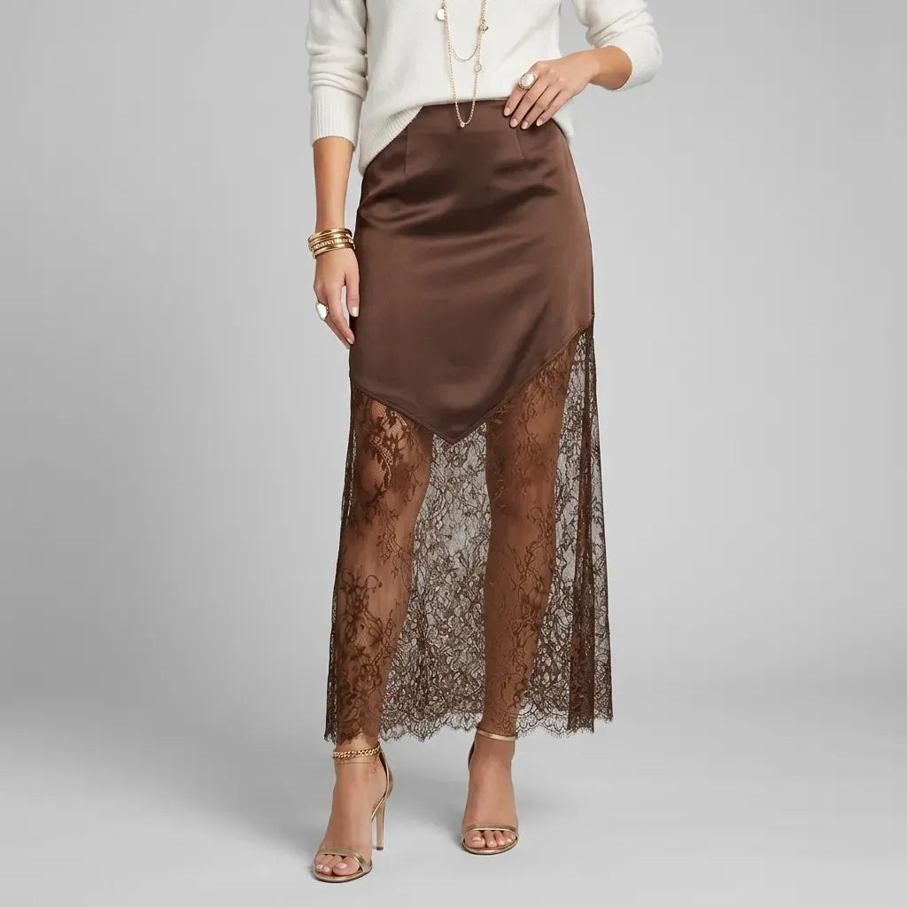 High Waisted Satin Maxi Skirt Brown 4