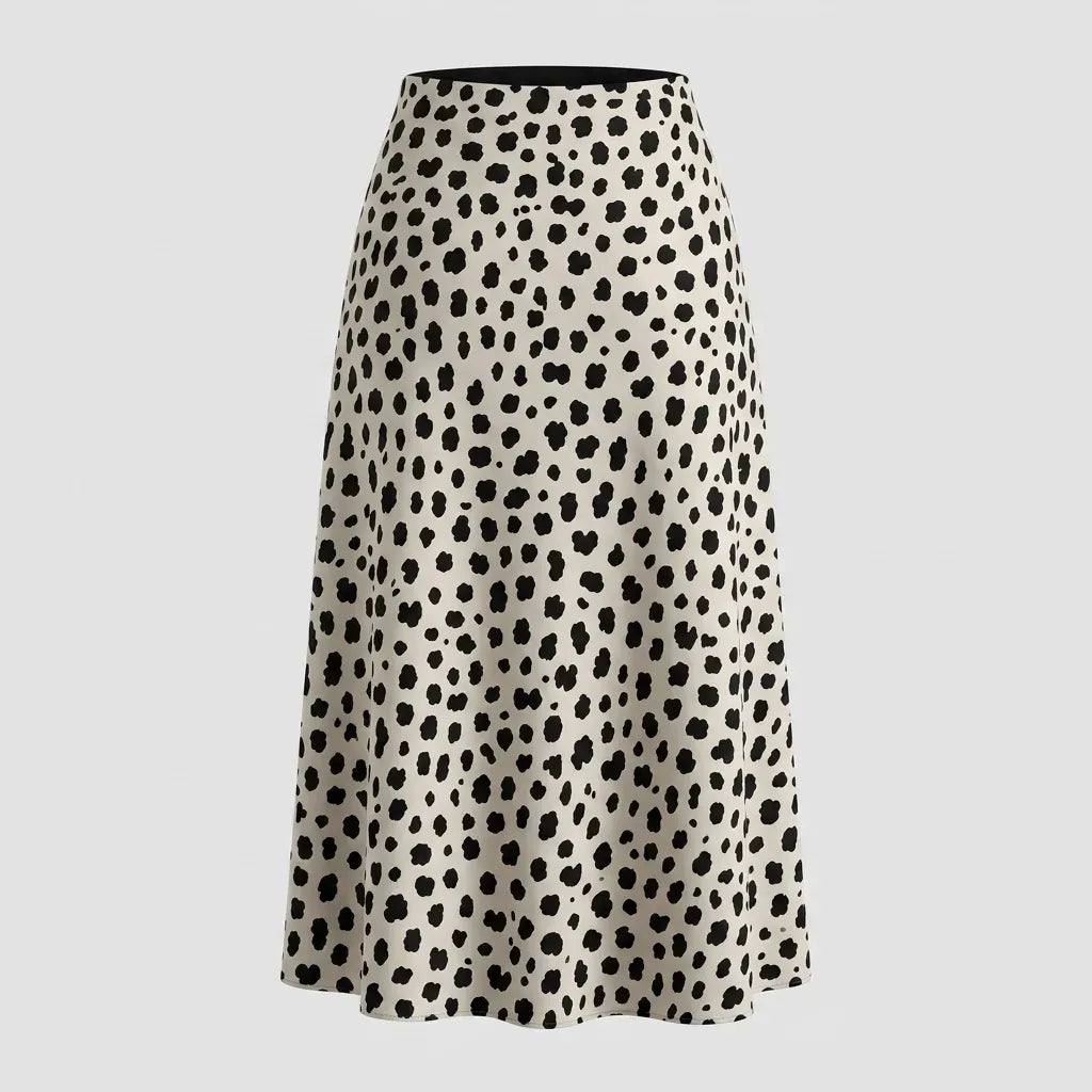 High Waisted Satin Midi Slip Skirt Animal Print Black 1