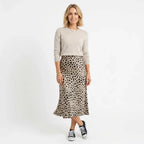 High Waisted Satin Midi Slip Skirt Animal Print Black 3