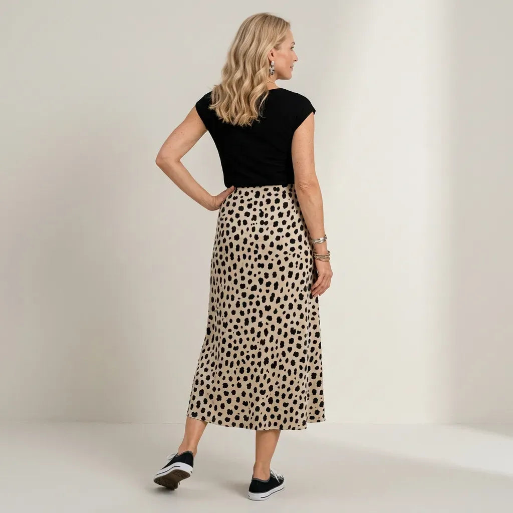 High Waisted Satin Midi Slip Skirt Animal Print Black 4