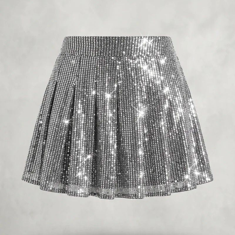 High Waisted Sequin Skirt Party Grey 7