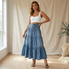 High Waisted Tiered Denim Skirt with Buttons Blue 1