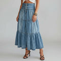 High Waisted Tiered Denim Skirt with Buttons Blue 2