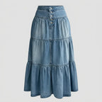 High Waisted Tiered Denim Skirt with Buttons Blue 3